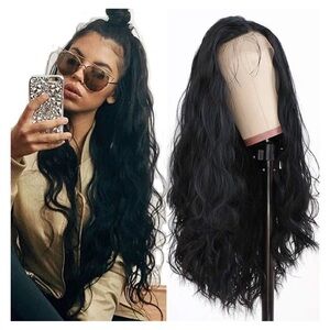 Human black long wavy wig